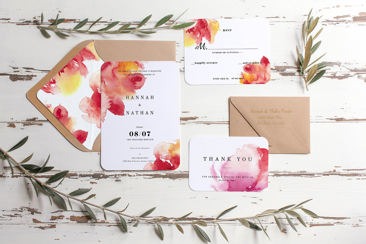 Watercolor Peony Wedding Card Set, an Invitation Template by TurquoiseDesign (Photo 1 of 5)