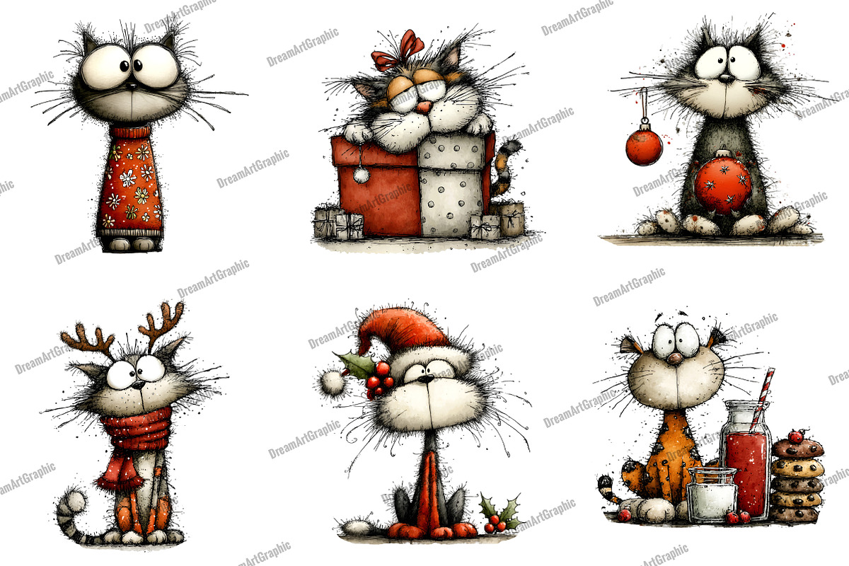 Whimsical Christmas Cats Clipart, an Illustration by DreamArtGraphic (Photo 2 of 5)