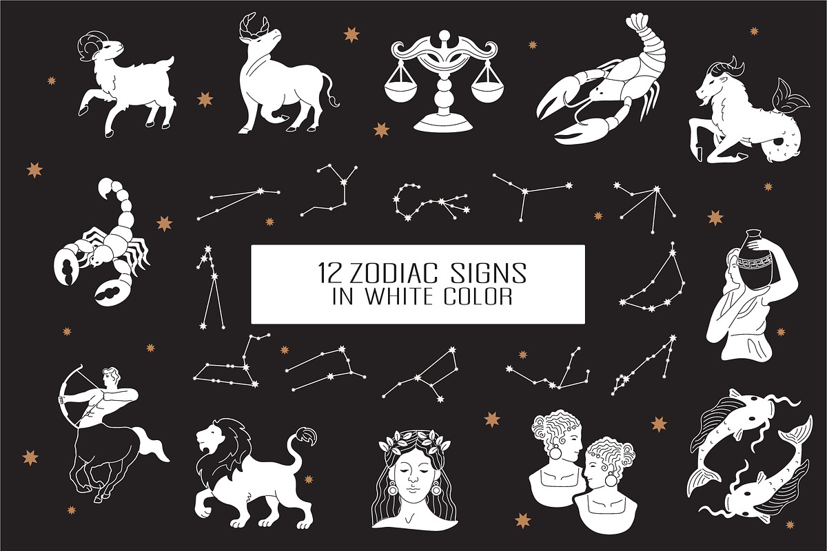 Black and White Zodiac Signs Vector, a Decorative Illustration by Vibérains (Photo 3 of 9)