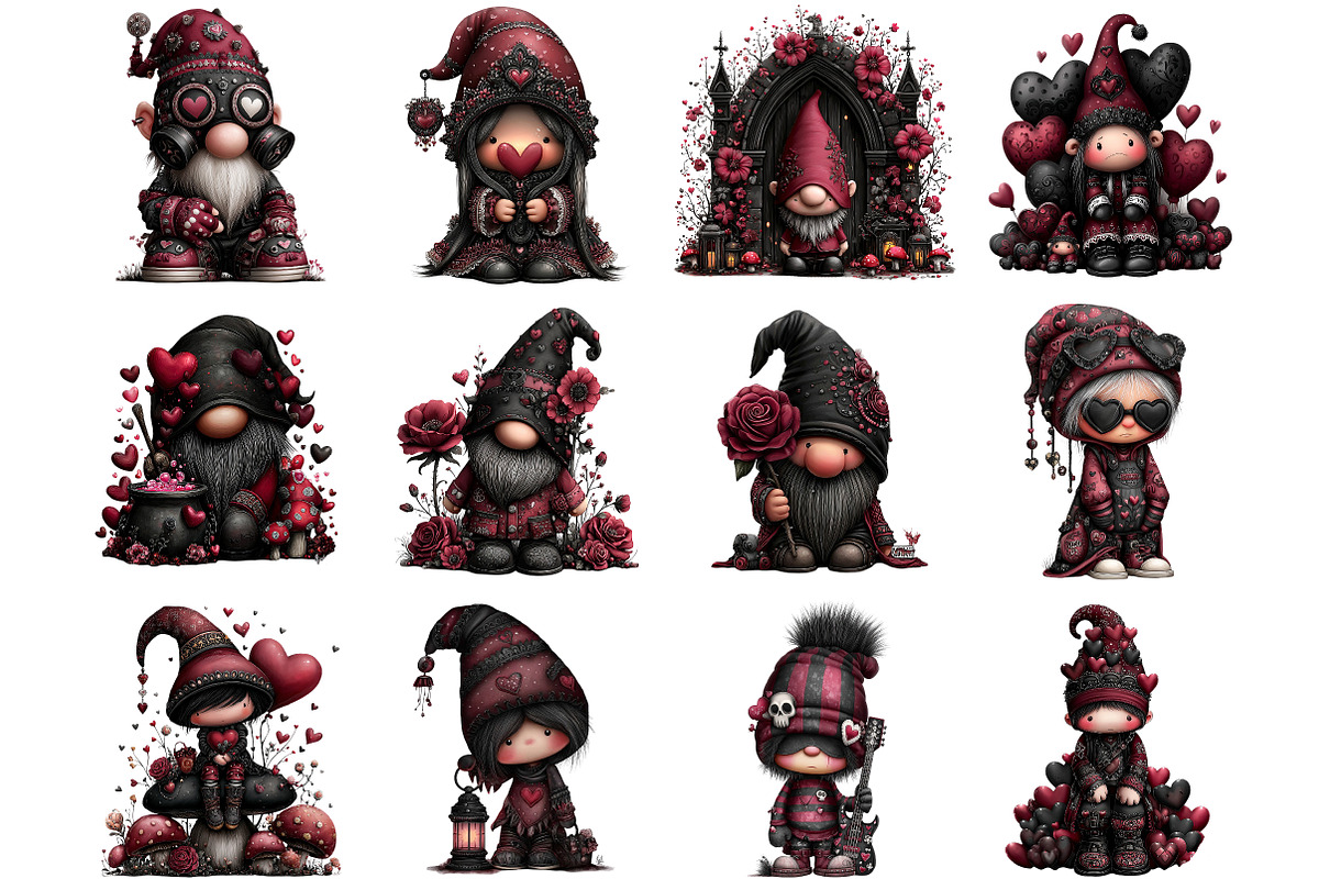 Gothic Valentine Gnomes Clipart, an Illustration by DreamArtGraphic (Photo 2 of 4)