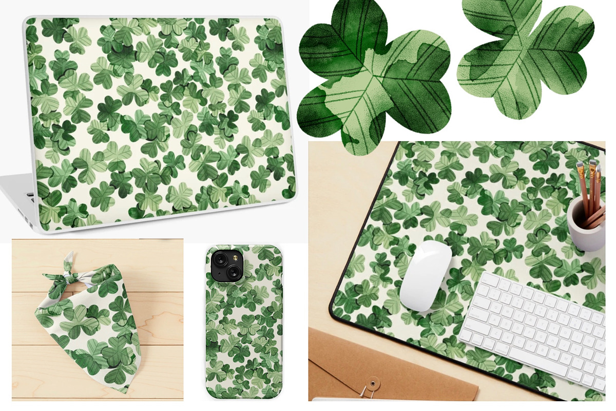 10 Shamrocks and a Seamless Pattern, an Object Illustration by Helga Wigandt (Photo 4 of 6)