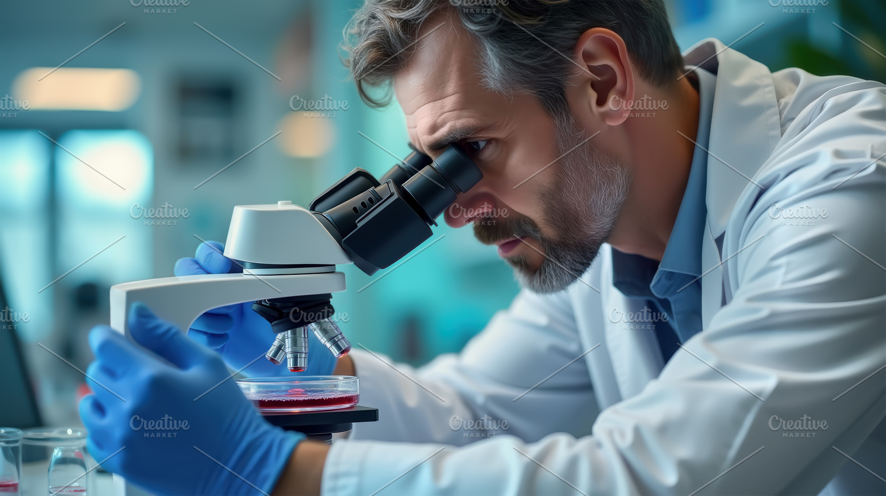 Scientist examining sample with micr, a Health & Medical Photo by angellodeco