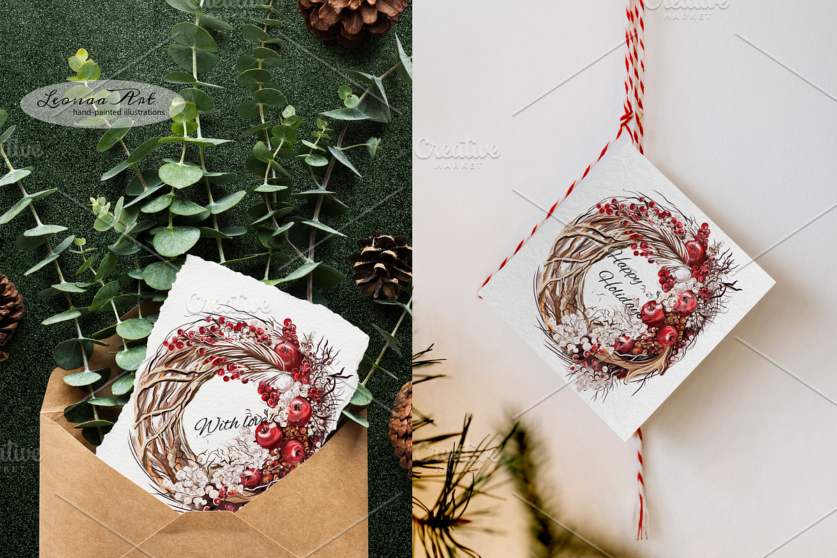 Merry Christmas Wreaths Clipart Set, a Seasonal Illustration by Leonaa art (Photo 18 of 21)