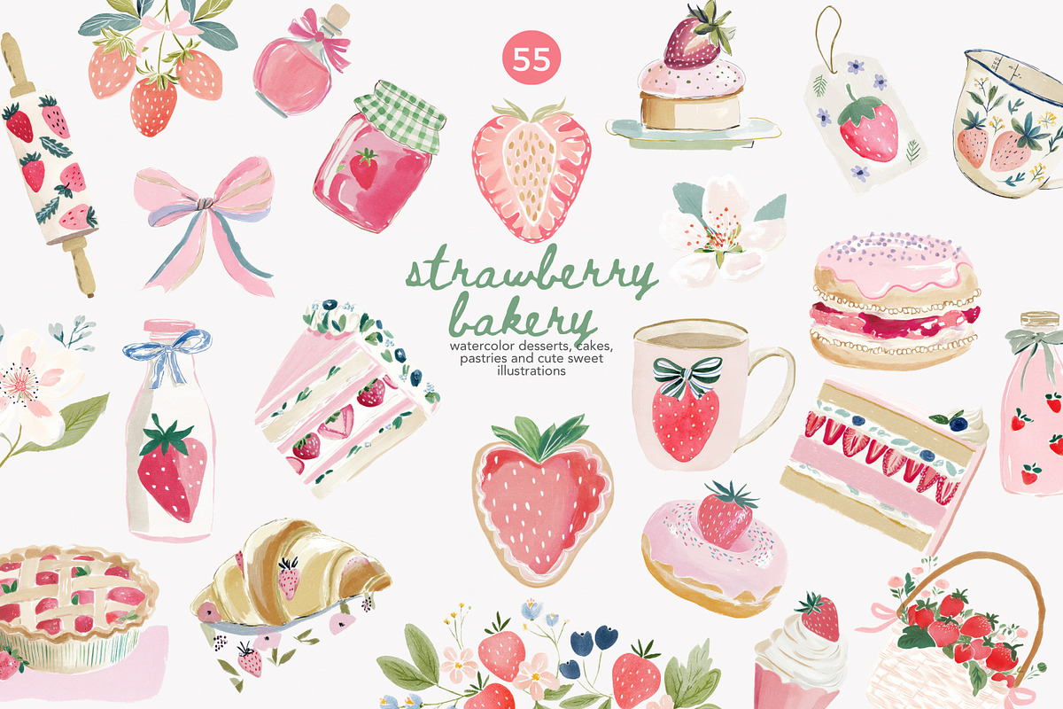 Watercolor strawberry clipart set, a Decorative Illustration by Patishop Art (Photo 1 of 10)