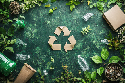 Recycling symbol surrounded by green, a Background Photo by Pixeness