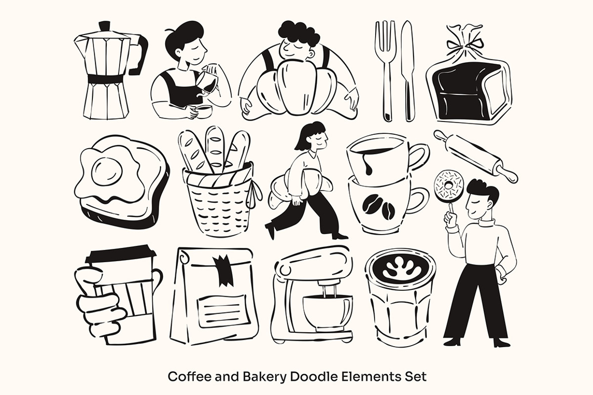 Coffee & Bakery Doodle Elements Set, a Food Illustration by Gumico Studio. (Photo 2 of 3)