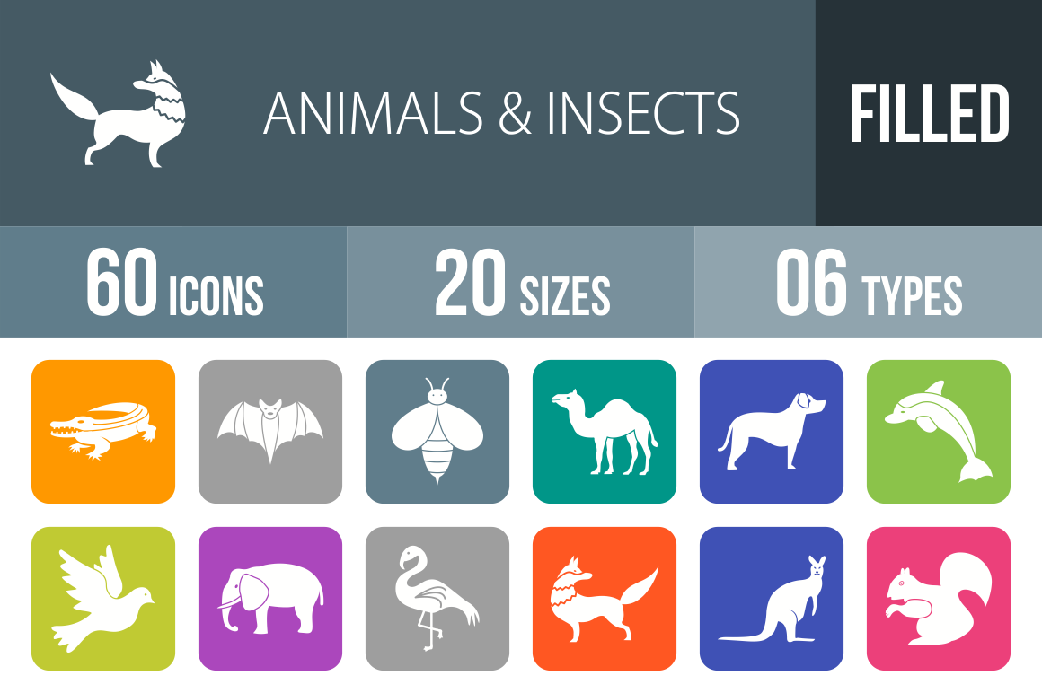 60 Animals  Insects Flat Icons by Iconbunny  Creative Market
