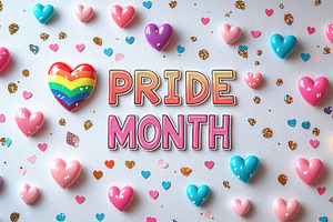Colorful hearts and confetti with Pride Month text in rainbow an, a Background Photo by José Manuel Gelpi