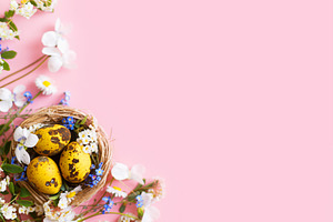 Easter flat lay. Stylish easter eggs in nest and spring flowers, a Holiday Photo by Sonjachni