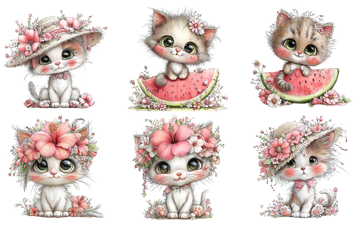 Whimsical Summer Cat Clipart, an Illustration by SinaCreation (Photo 3 of 7)