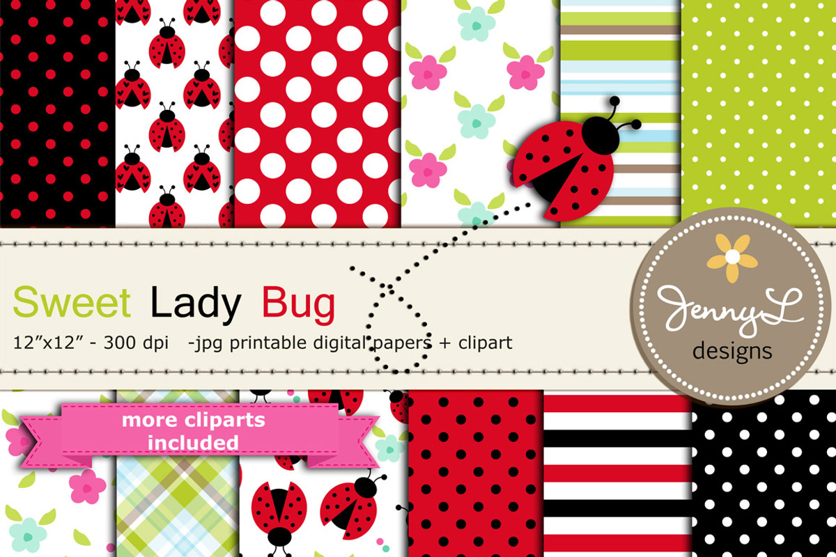 Spring Lady Bug Digital Paper Clipar, a Pattern Graphic by JennyL Designs (Photo 1 of 4)