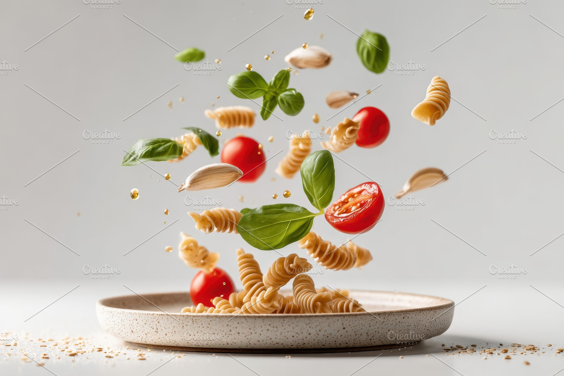 Dynamic pasta dish with fresh ingredients, a Food & Drink Photo by AlyaAnd