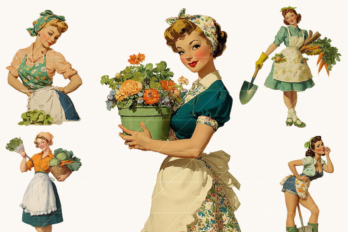 Retro Gardening Pinup Girl Clipart, a Person Illustration by BusyDaydesign (Photo 6 of 9)