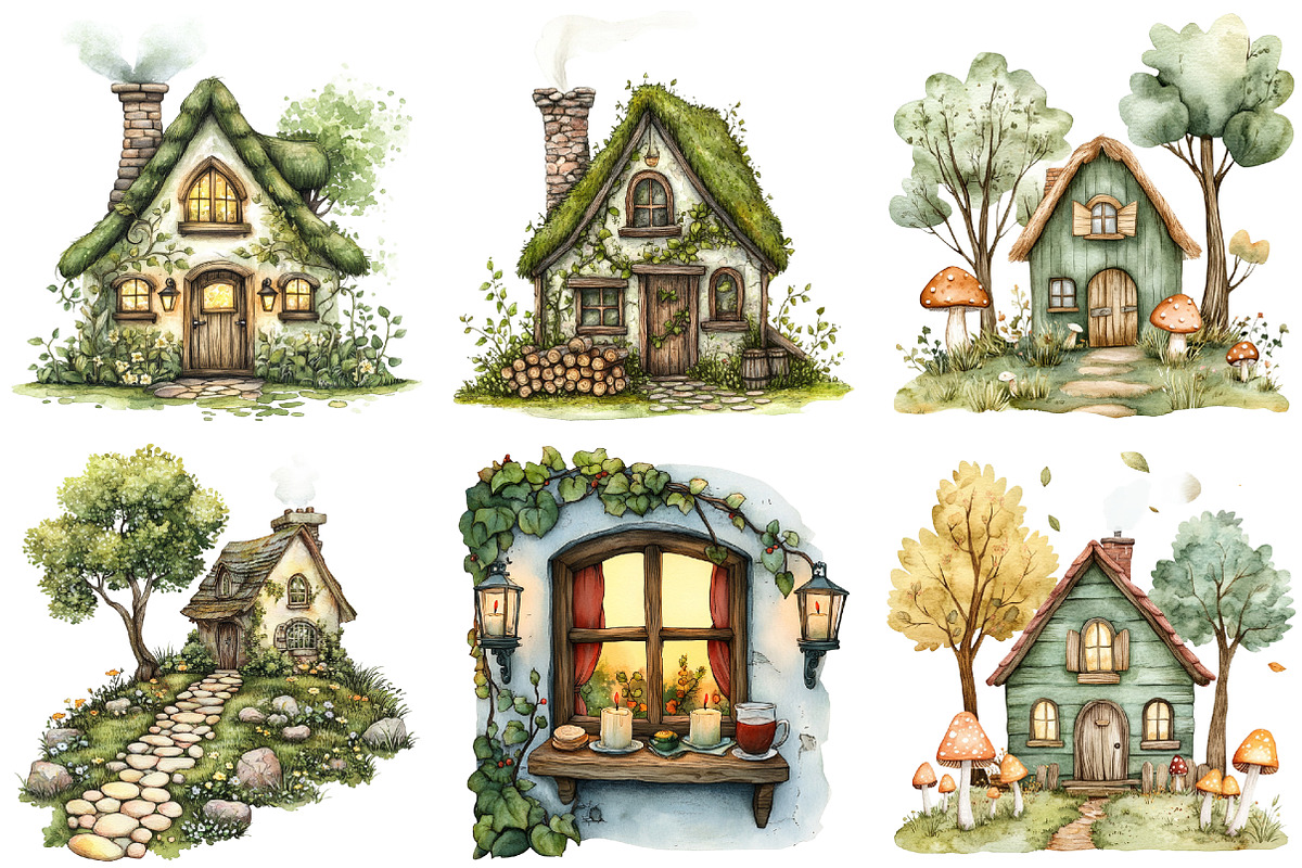 Green Autumn Cottage Clipart, an Illustration by Watercolor design (Photo 3 of 5)