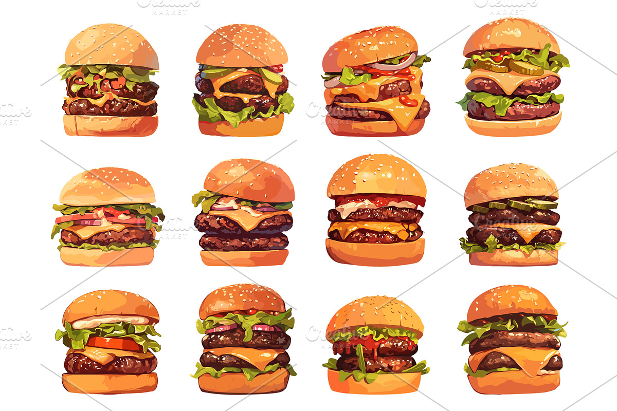 Set of cartoon juicy burgers, a Food Illustration by LadadikArt
