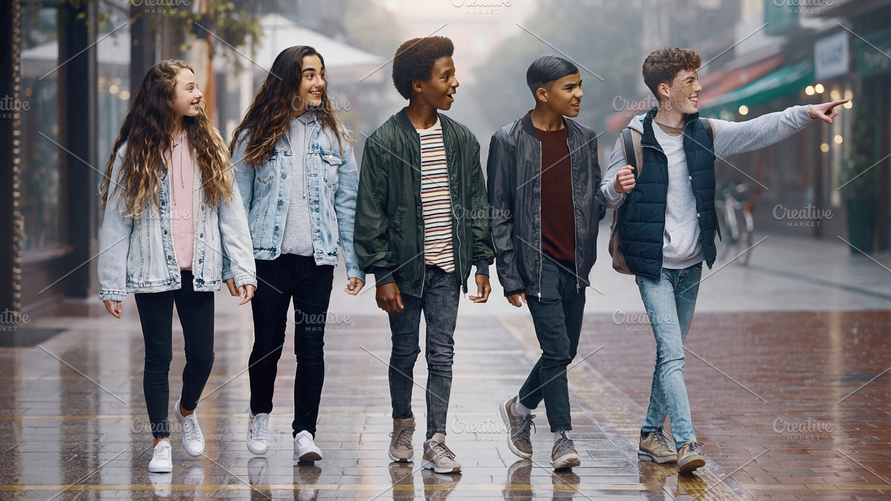 Group of five teenager walking on wet street, a Photo by DanFLCreativo