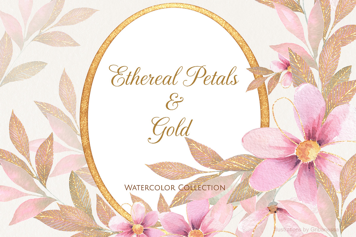 Pink Watercolor Flowers & Gold, a Decorative Illustration by Gribanessa (Photo 1 of 13)