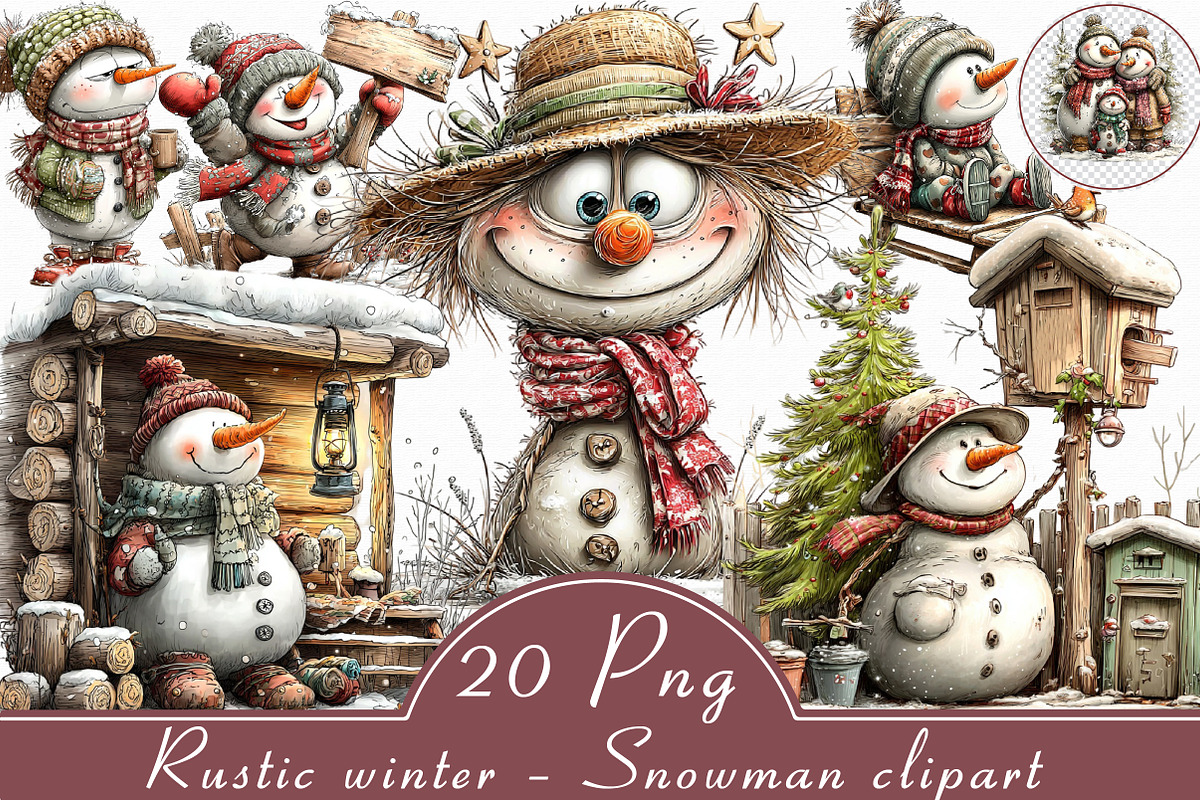 Rustic winter – Snowman PNG clipart, an Illustration by Libby Wishes (Photo 1 of 7)