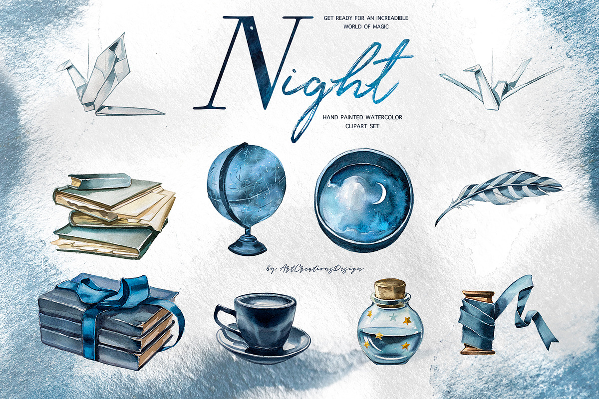 Hand-Painted Night Clipart Set, an Animal Illustration by ArtCreationsDesign (Photo 2 of 29)