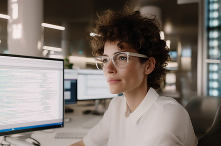 Female software developer focused in modern tech office setting, a Photo by Dvoevnore photos