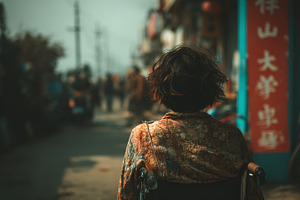 Rear view of asian person navigating a city street in a wheelchair, a Photo by AS photostudio