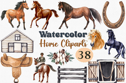 Watercolor Horse Clipart Set, 38 PNG, an Animal Illustration by CropUp Creative
