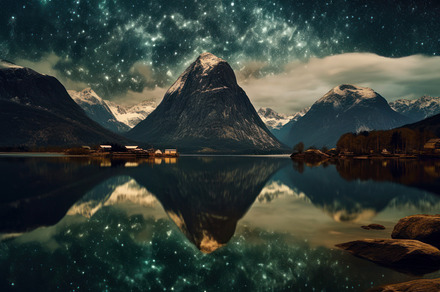 starry sky over mountains and lake, a Photo by Pictures for you!!!!!!!!!