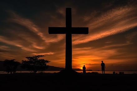 The cross with the sun behind, landscape. Generative AI, a Wallpaper Photo by designvectx