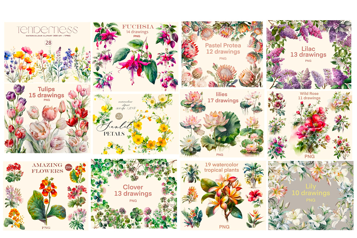 Flowers 50 cliparts, big Bundle, a Decorative Illustration by Hello My Print (Photo 2 of 10)