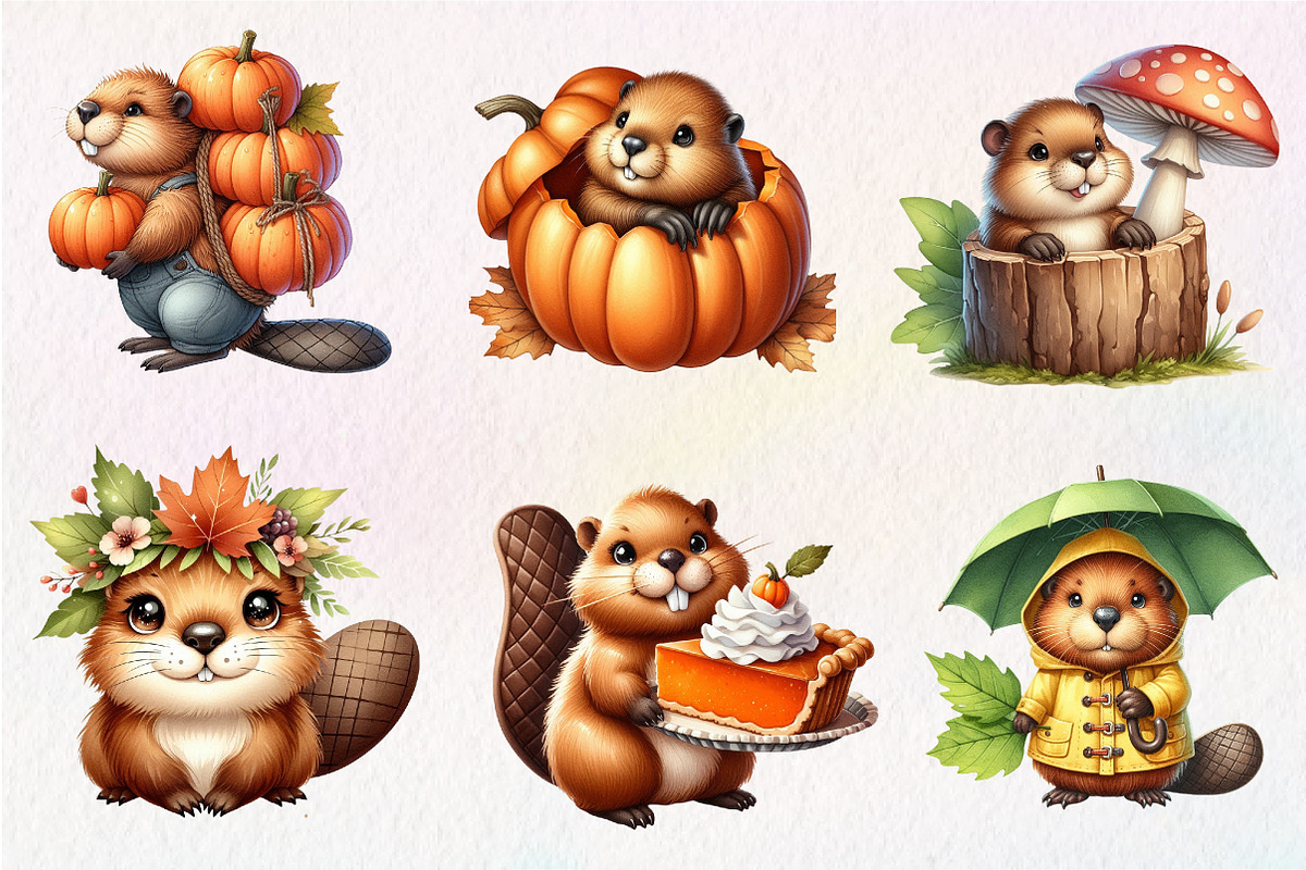 Watercolor Autumn Cute Beaver, an Illustration by CreationArt (Photo 2 of 9)