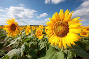 Sunflowers turning towards the sun in a vibrant field on a clear day, a Nature Photo by AlyaAnd