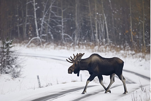 moose crossing a snowy road in a, an Animal Photo by Sergey Kotenev