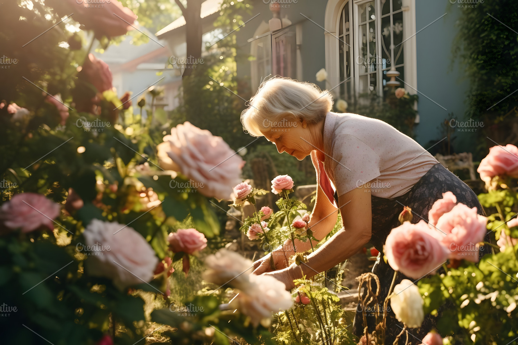 woman caring for roses in the garden, a Person Photo by OlgaPilnik