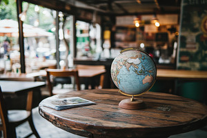 Globe on a rustic wooden table in a, a Photo by Tanuart