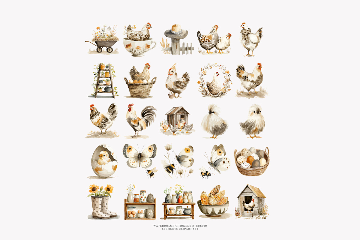 watercolor rustic hens barnyard bird, an Illustration by Patishop Art (Photo 6 of 8)