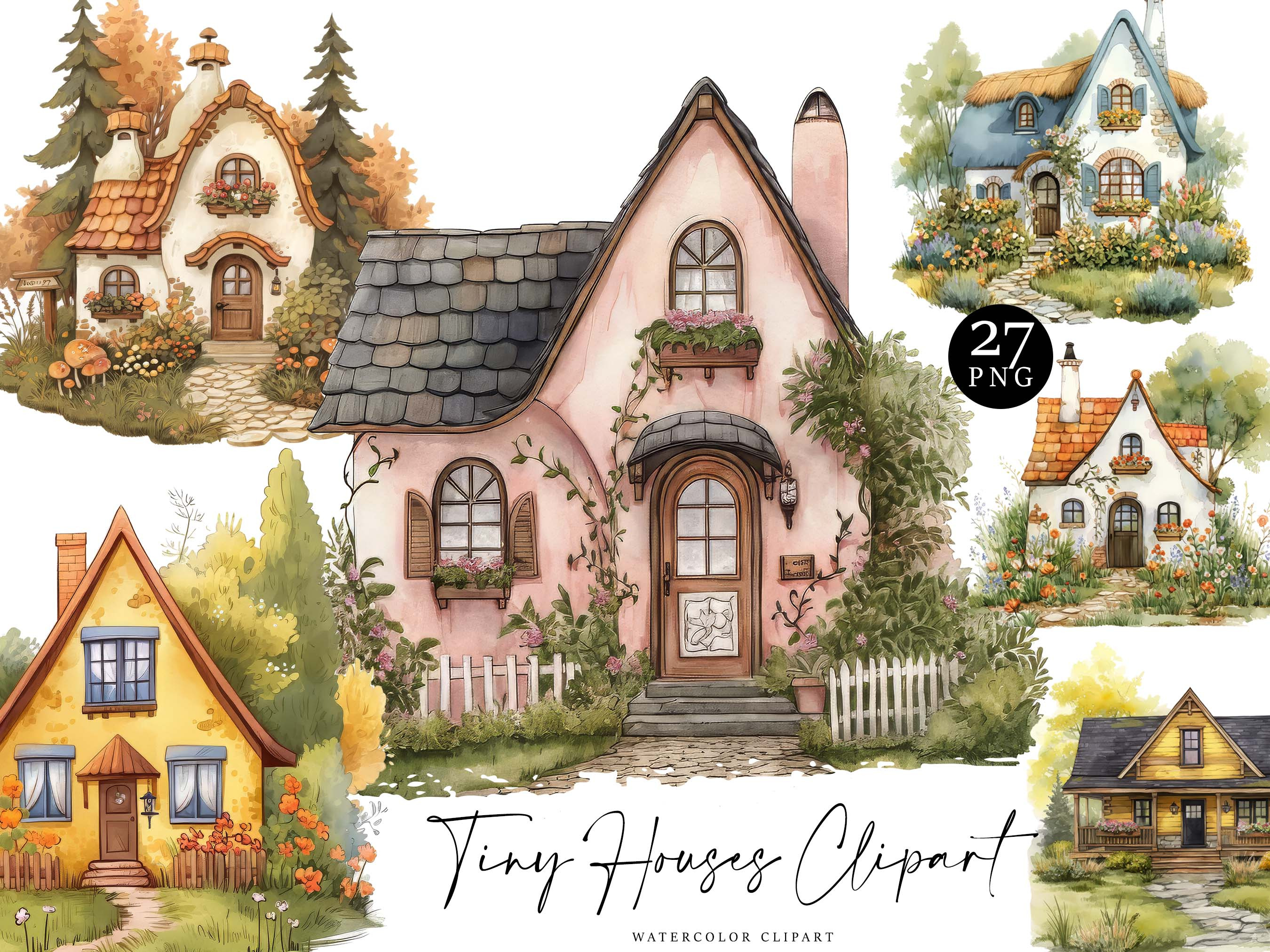 Watercolor Tiny Houses Clipart, an Object Illustration by Design Scotch