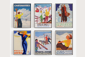6 VINTAGE Vintage Ski Poster Art