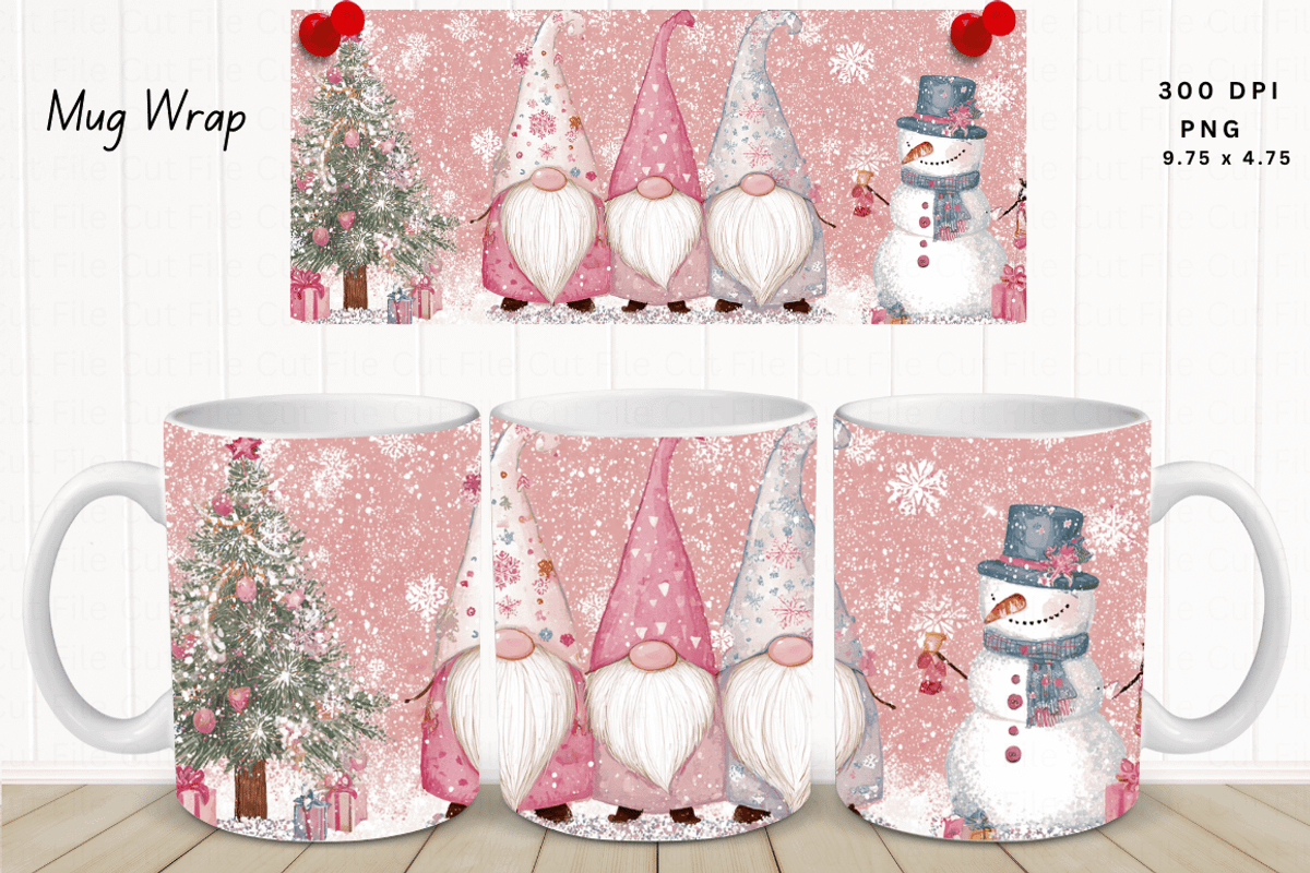 Pink Christmas Gnomes Mug Wrap, a Graphic by Cut File