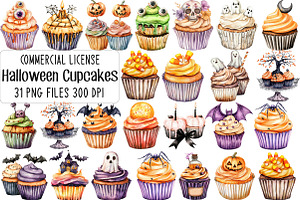 Halloween Cupcakes Vintage Clipart, an Illustration by CraftArtStudio