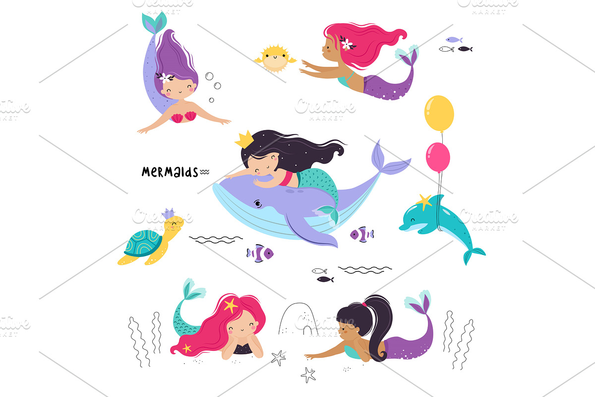 Mermaid and Sea Animals Floating, an Animal Illustration by TopVectors