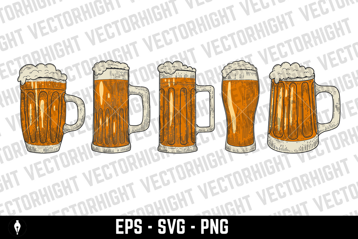 Vintage-style beer mugs, a Food Illustration by Vectorhight (Photo 2 of 3)