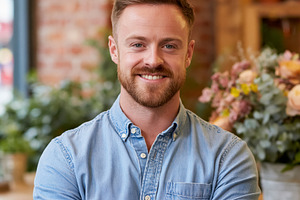Smiling male small business owner standing in his flower shop, r, a Person Photo by Studio ANNA