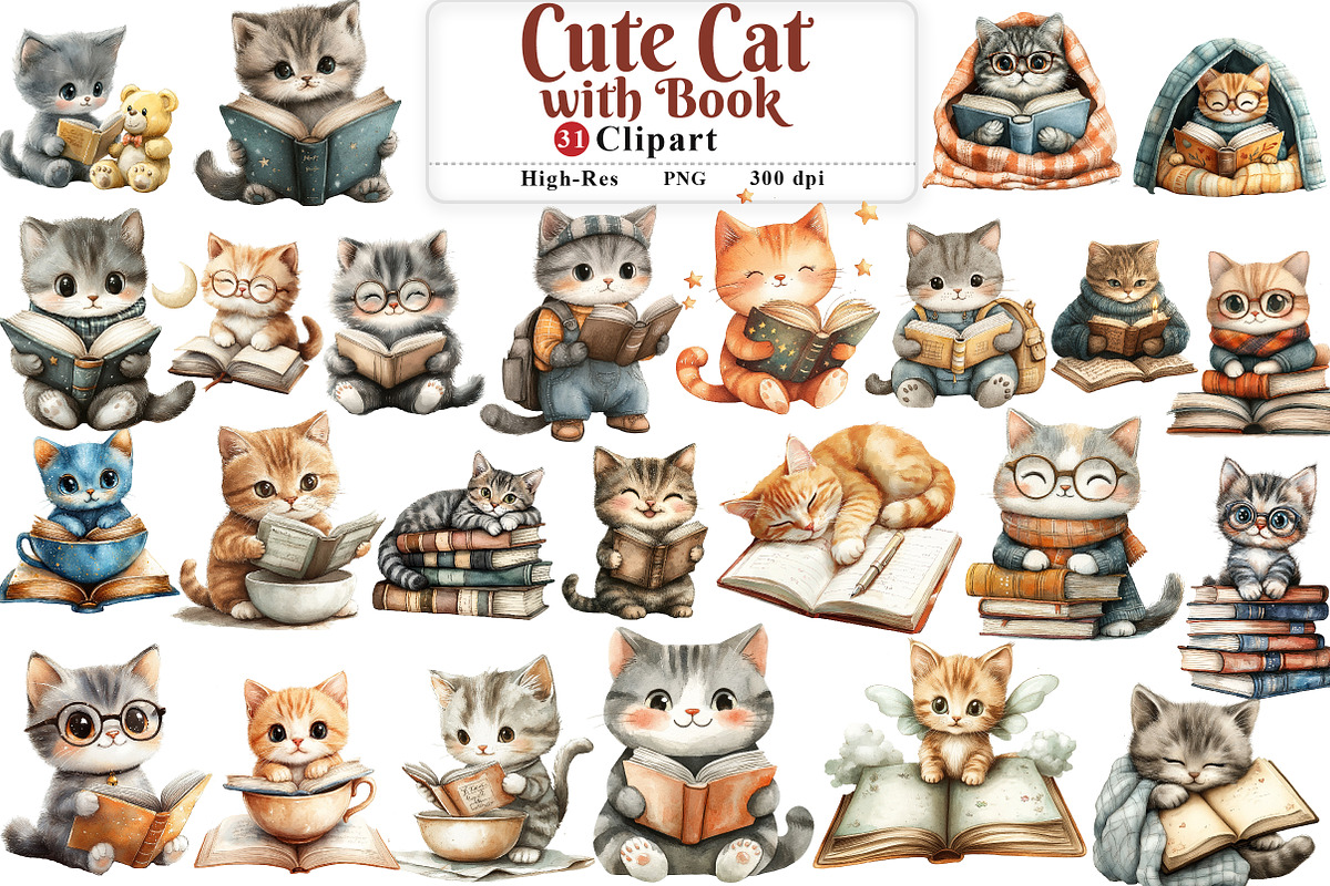 Cute Cat with Book Sublimation png, an Illustration by Watercolor design (Photo 1 of 11)