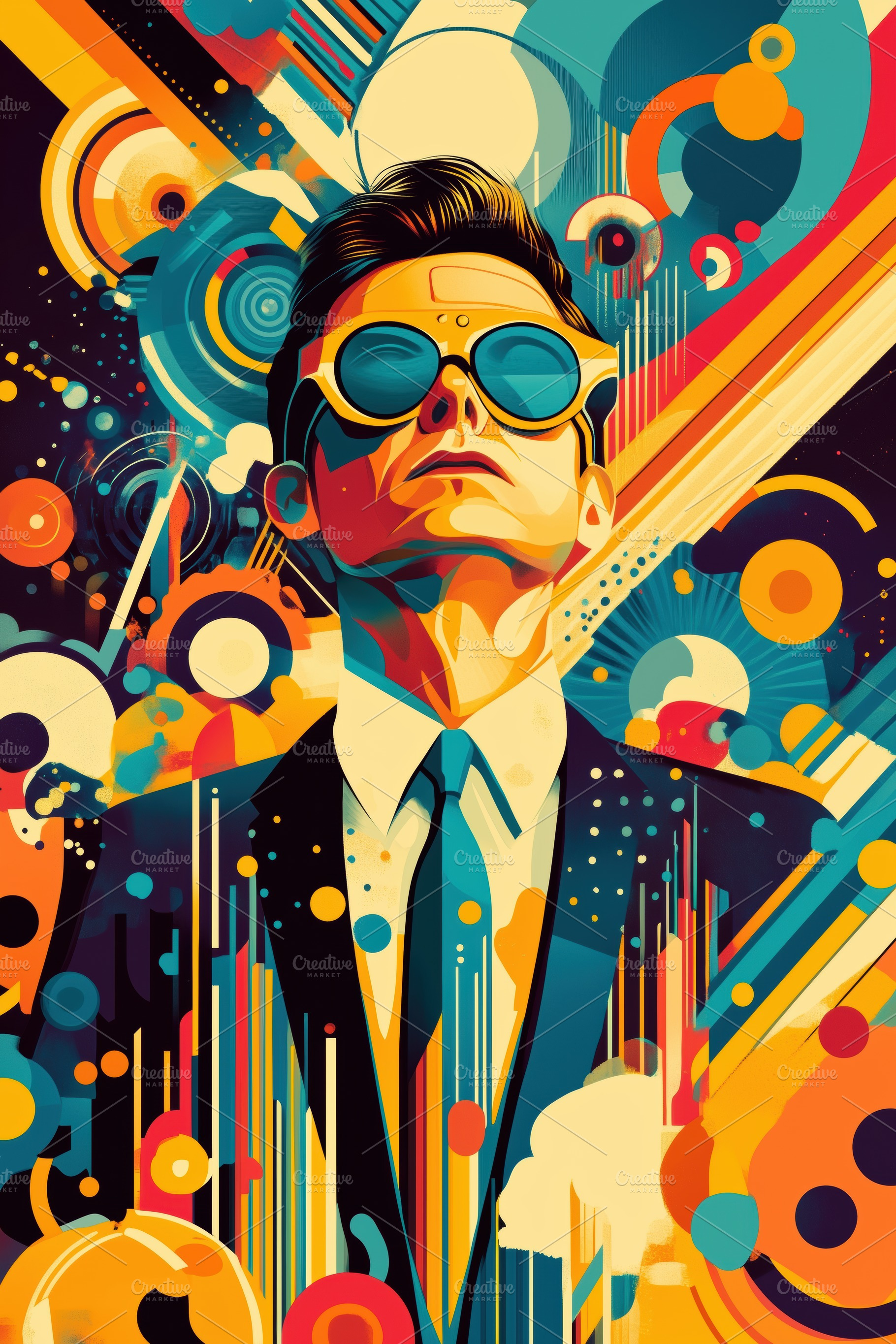 A vibrant, colorful digital illustration of a man in sunglasses and a suit, loo, an Arts & Entertainment Photo by Textures & Backgrounds