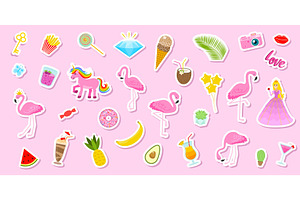 Set of girls fashion cute patches, fun stickers, badges, pins and stickers. Collection different elements. Princess and flamingos, unicorn, milkshakes, candy for notebook. Vector trendy illustration., an Illustration by Kseniia Studio