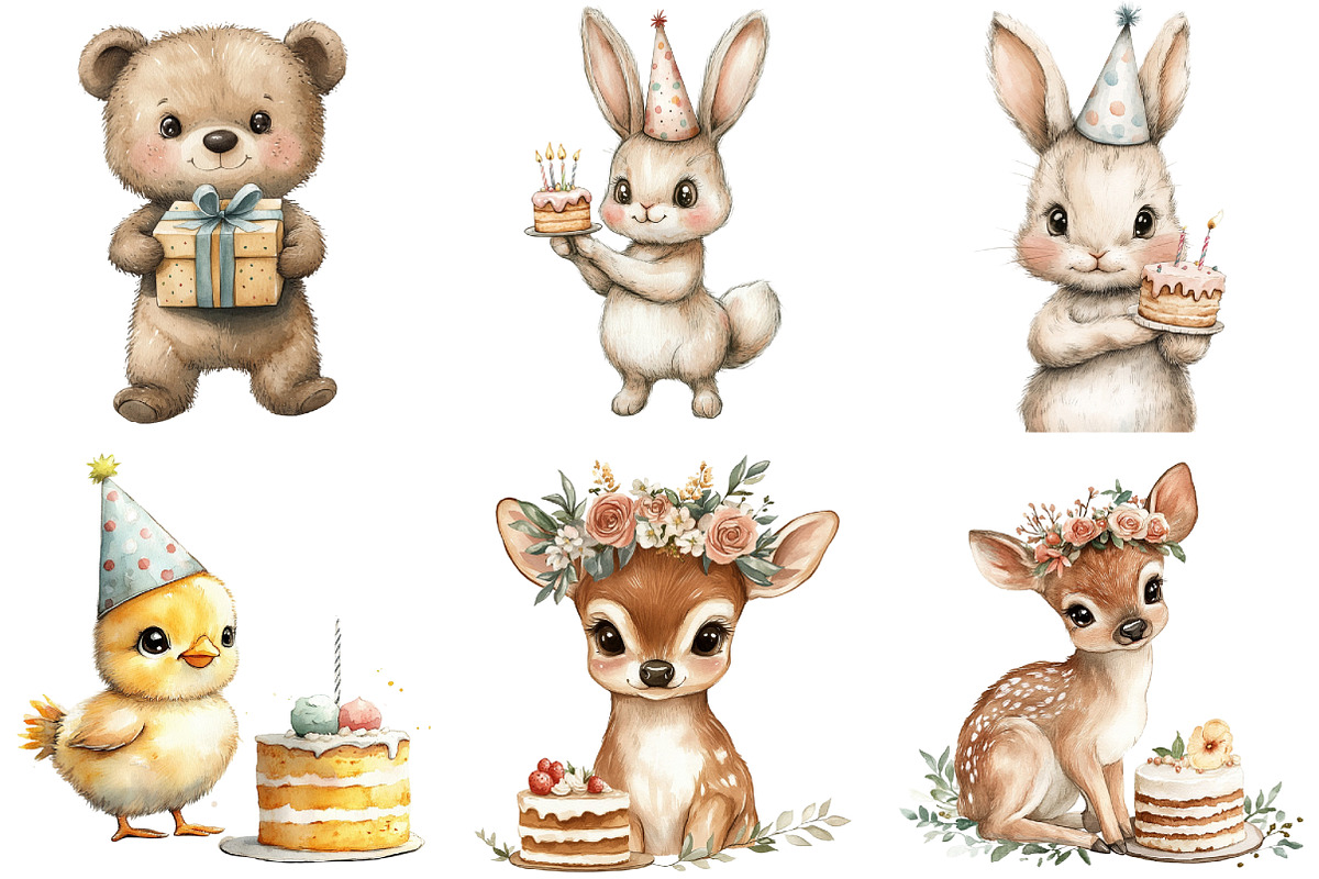 Birthday Baby Animal Clipart png, an Illustration by Watercolor design (Photo 2 of 4)