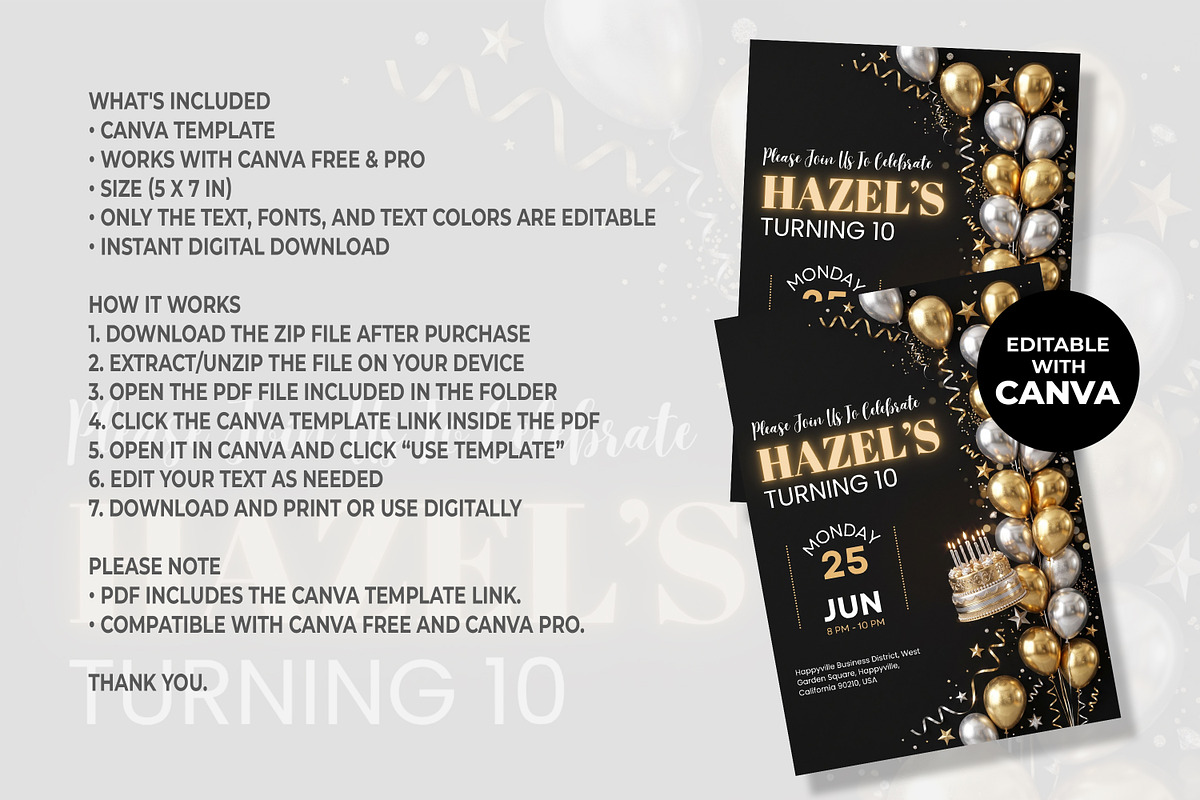 Black Gold Birthday Invitation, an Invitation Template by M9 Design (Photo 4 of 4)