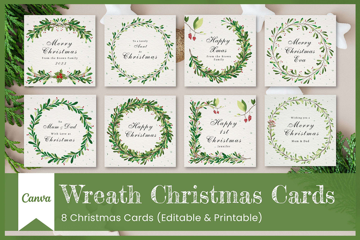 8 Wreath Christmas Cards Canva, a Card Template by 3Motional (Photo 1 of 11)