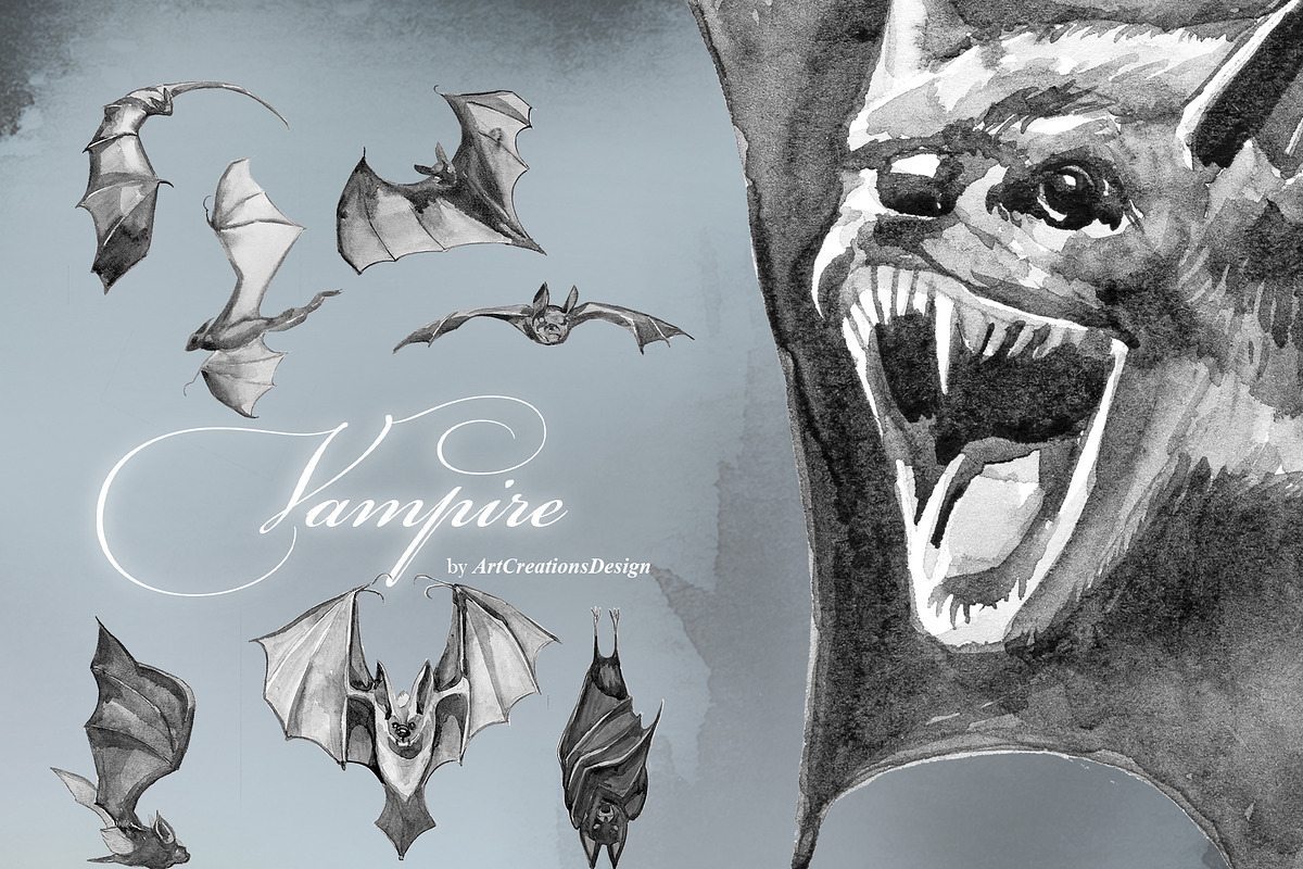 Vampire Watercolor Clipart Set, an Object Graphic by ArtCreationsDesign (Photo 4 of 11)