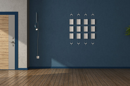 Empty home entrance with blue wall and front door, an Architecture Photo by Archideaphoto